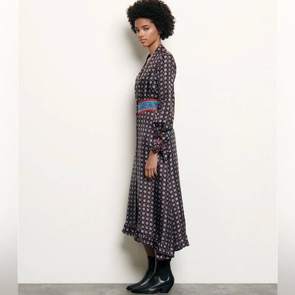 SANDRO Catlyn Printed Silk Midi Dress in Black - Picture 4 of 14